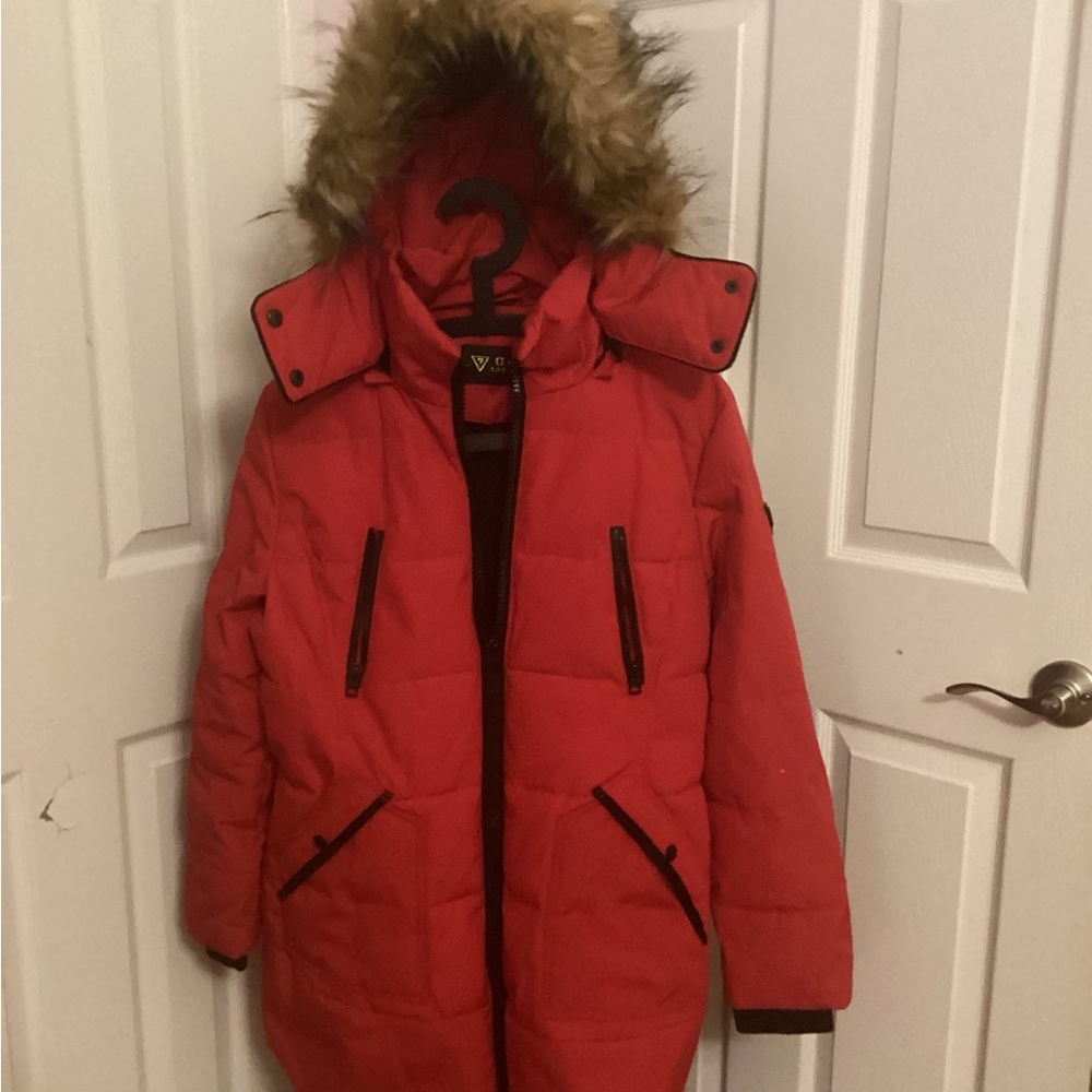Guess Red Puffer Jacket with Faux Fur Hood